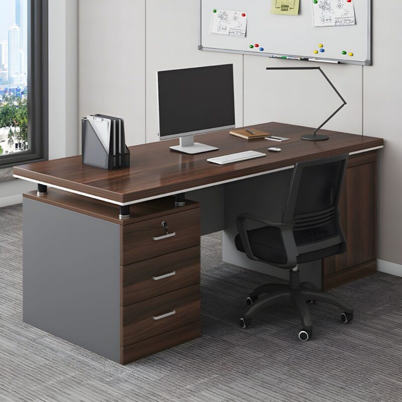 modern office executive desk, sleek office desk, stylish office desk, sturdy office desk, durable office desk, functional office desk, built-in wire management, drawers, cabinets, CEO desk