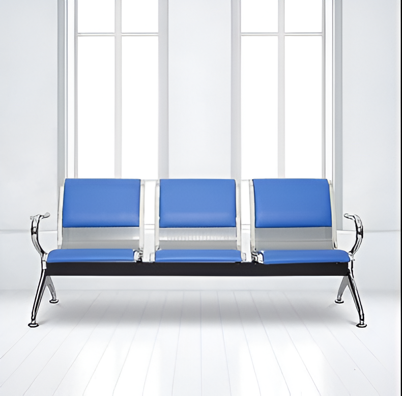 3-link padded waiting bench, waiting room furniture, reception area furniture, lobby furniture, comfortable seat, airport bench, hospital bench