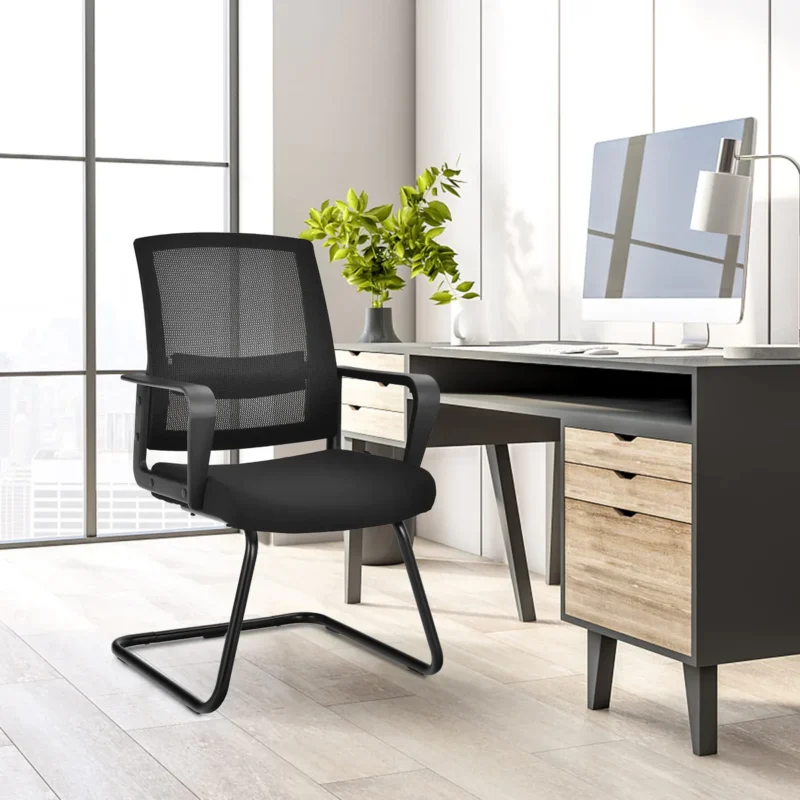 Ergonomic Office Guest Chair, comfortable seat, high-density sponge, adjustable lumbar support, heavy-duty steel base, breathable mesh back, conference room chair, reception room chair, boardroom chair, office chair