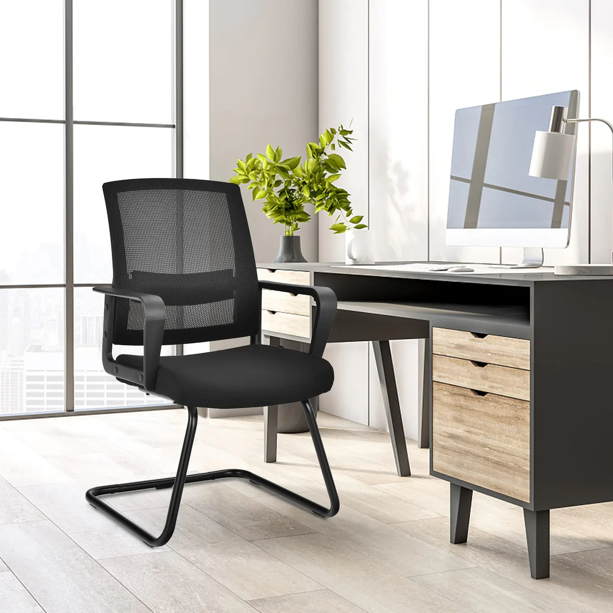 Ergonomic Office Guest Chair, comfortable seat, high-density sponge, adjustable lumbar support, heavy-duty steel base, breathable mesh back, conference room chair, reception room chair, boardroom chair, office chair