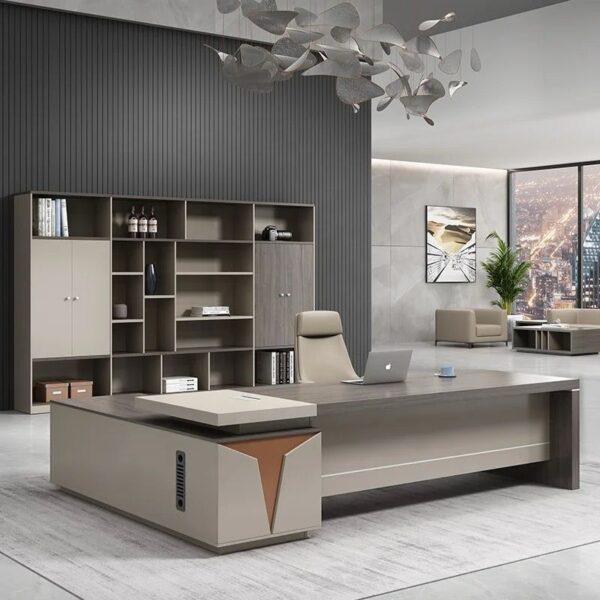 Modern White and Grey Stripe Executive Office Desk