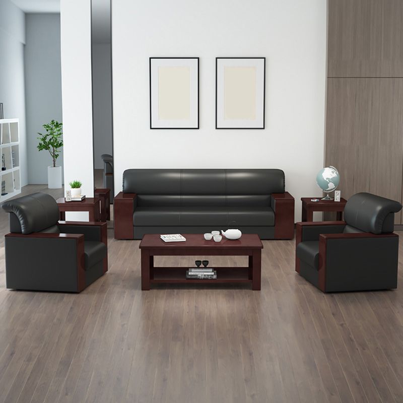 5-Seater Leather Office Sofa w/Walnut Arms