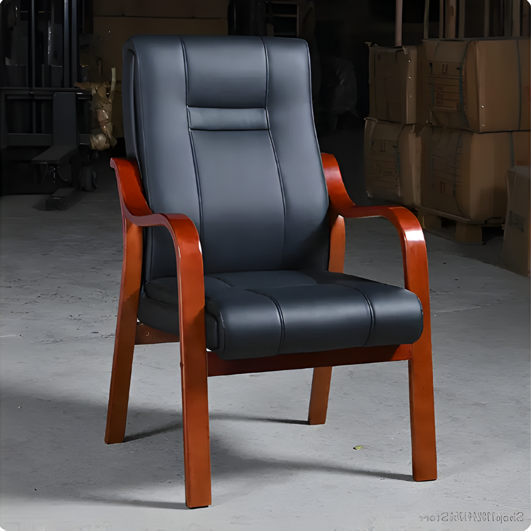 Black Leather Meeting Chair with Walnut Veneered Arms