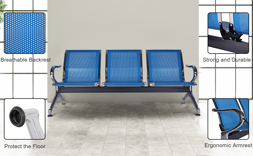 Three Seater Powder Coated Metal Airport Waiting Bench