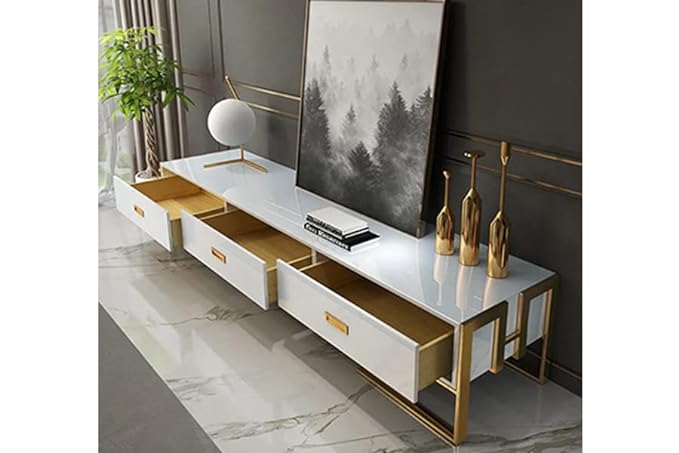 Tempered glass surface 3 drawers stainless steel frame TV stand