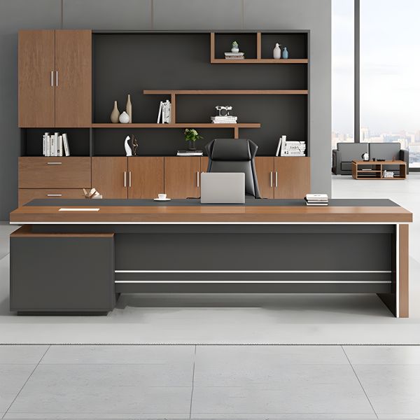 Modern L-Shape Executive Desk with Wood Sled Base
