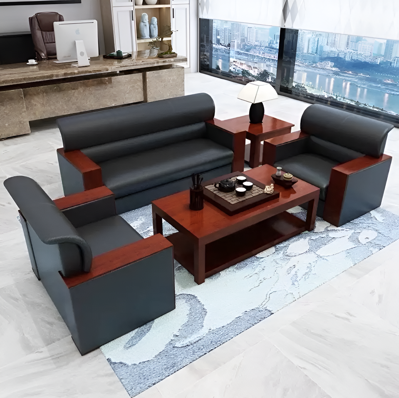 5 Seater Executive Black Leather Office Sofa